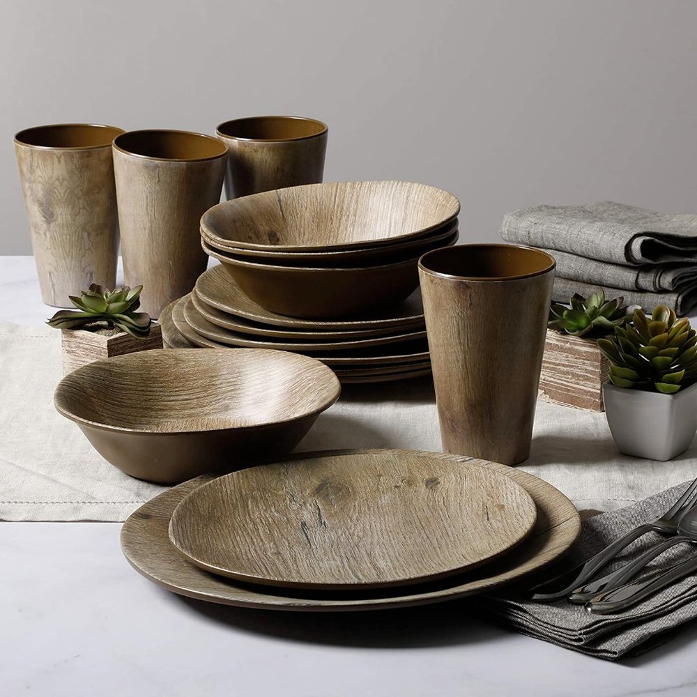 Gibson Home Woodlands Round Melamine Dinnerware Set, Service for 4 (16pcs) NIB - Picture 3 of 8